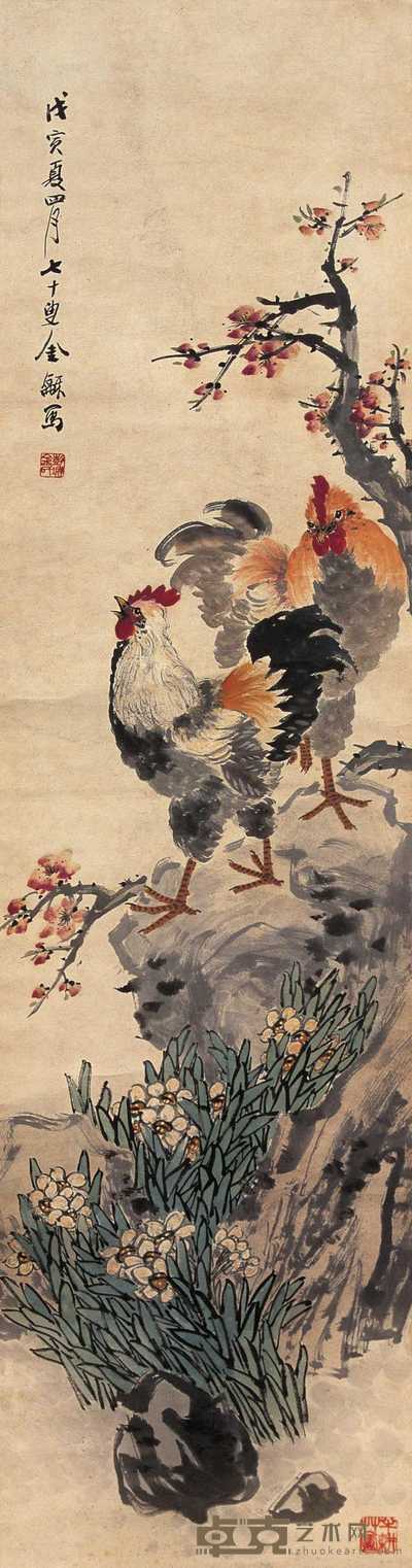 金梦石 双鸡图 立轴 132×34cm